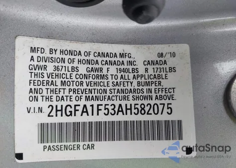 2010 Honda Civic Lx from USA, damaged, VIN 2HGFA1F53AH582075